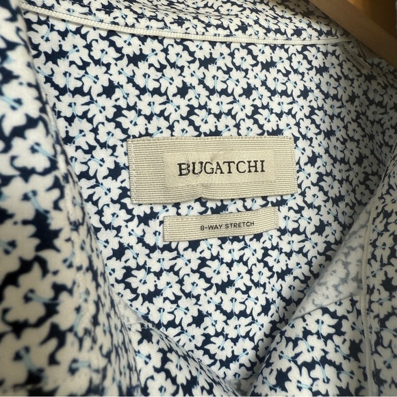 BUGATCHI Men's L Blue Floral Short Sleeve Shirt Casual Stretch Cotton Summer - Picture 7 of 8